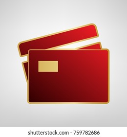 Credit Card sign. Vector. Red icon on gold sticker at light gray background.