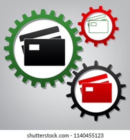 Credit Card sign. Vector. Three connected gears with icons at grayish background.