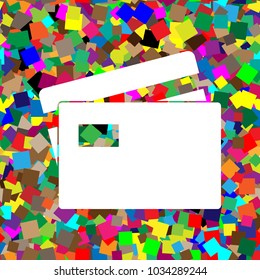 Credit Card sign. Vector. White icon on colorful background with seamless pattern from squares.