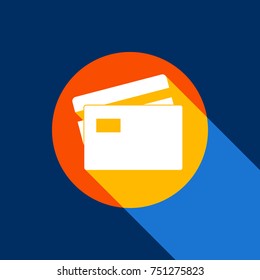 Credit Card sign. Vector. White icon on tangelo circle with infinite shadow of light at cool black background. Selective yellow and bright navy blue are produced.