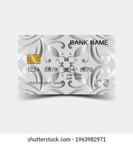Credit card. With silver elements design. And inspiration from abstract. On white background. Glossy plastic style. 