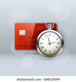 Credit card & silver pocket watch on chain banner. Banking old breguet clock icon. Finans timepiece icon. Plastic card software chronometer badge. Debit chip card with stopwatch Electronic money timer