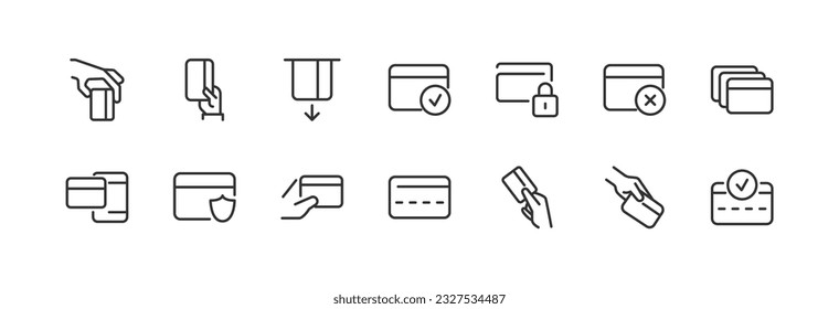 credit card simple icon set. Outline editable stroke. Pixel perfect 24x24px. Isolated on a white background