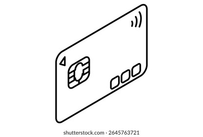 Ícone de desenho de linha simples de cartão de crédito, ilustração isométrica de método de pagamento e finanças, preto e branco, Ilustração de vetor