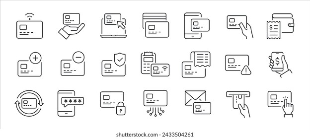 Iconos de línea delgada simple de la tarjeta de crédito. Cajero automático relacionado, pago, sin efectivo, banco. Ilustración vectorial.