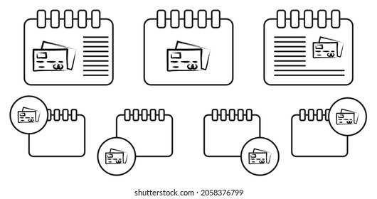 Icono de vector de estilo de esbozo de tarjeta de crédito en la ilustración de conjunto de calendario para ui y ux, sitio web o aplicación móvil
