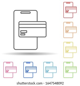 Credit card in smart phone in multi color style icon. Simple thin line, outline vector of mobile banking icons for ui and ux, website or mobile application