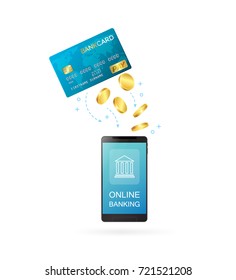 Credit card with smartphone. Money transfer or online banking conceptual vector illustration.