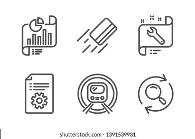 Credit card, Spanner and Technical documentation icons simple set. Report document, Metro subway and Search signs. Bank payment, Repair service. Business set. Line credit card icon. Editable stroke