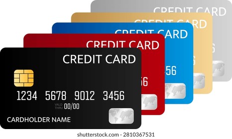 Credit card stack with chip and cardholder name on transparency background