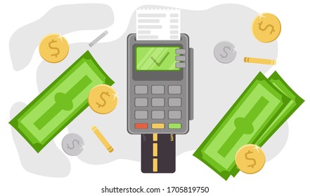 Credit card swipe machine  with card inside, money and coins on the background. Concept for no cash payment. Vector illustration in flat style