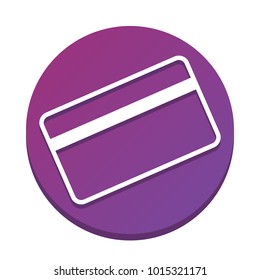 Credit card symbol for download. Vector. White icon with flat shadow on purpureus circle at white background. Isolated.