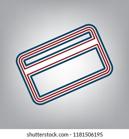 Credit card symbol for download. Vector. Dark red, transparent and midnight green stroke of white icon at grayish background.