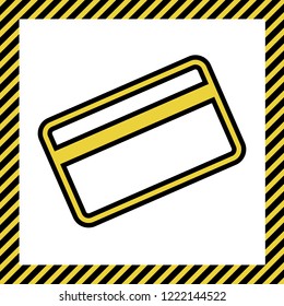 Credit card symbol for download. Vector. Warm yellow icon with black contour in frame named as under construction at white background. Isolated.
