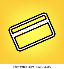 Credit card symbol for download. Vector. Yellow polka dot white icon with black contour at warm yellow background.