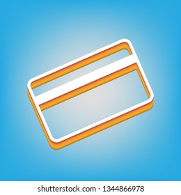 Credit card symbol for download. Vector. White icon with 3d warm-colored gradient body at sky blue background.