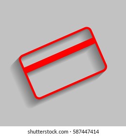 Credit card symbol for download. Vector. Red icon with soft shadow on gray background.