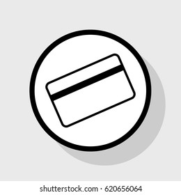Credit card symbol for download. Vector. Flat black icon in white circle with shadow at gray background.