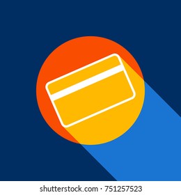 Credit card symbol for download. Vector. White icon on tangelo circle with infinite shadow of light at cool black background. Selective yellow and bright navy blue are produced.