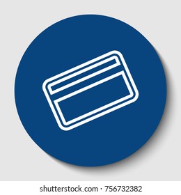 Credit card symbol for download. Vector. White contour icon in dark cerulean circle at white background. Isolated.