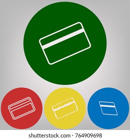 Credit card symbol for download. Vector. 4 white styles of icon at 4 colored circles on light gray background.