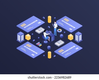 Credit card System Isometric Dark Gradient Illustration. Suitable for Mobile App, Website, Banner, Diagrams, Infographics, and Other Graphic Assets.