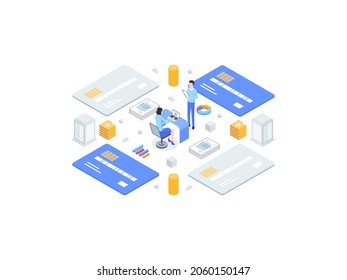 Kreditkartensystem - Isometrische Flachbild-Illustration. Geeignet für mobile App, Website, Banner, Diagramme, Infografiken und andere grafische Objekte.