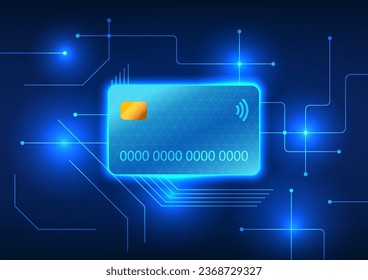 Credit card technology The back of the credit card is a technology circuit. Shows spending on purchases using a credit card. Buying products online increases convenience by not having to carry cash.