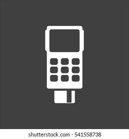 Credit card terminal icon flat. Vector white illustration isolated on black background. Flat symbol
