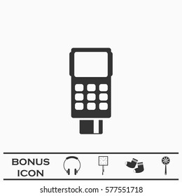 Credit card terminal icon flat. Black pictogram on white background. Vector illustration symbol and bonus button