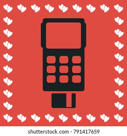 Credit card terminal icon flat. Simple black pictogram on red background with white hearts for valentines day. Vector illustration symbol
