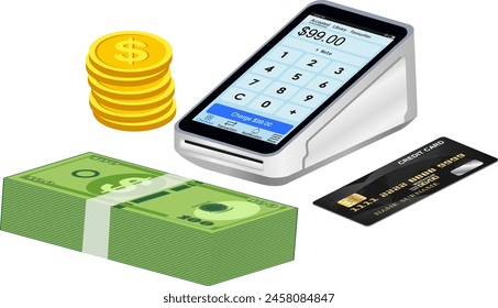 credit card terminal isolated  view for credit card reader with money bills, coins and credit card illustration