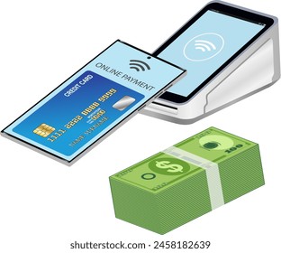 credit card terminal isolated  view for digital payment  and fan of money bills illustration