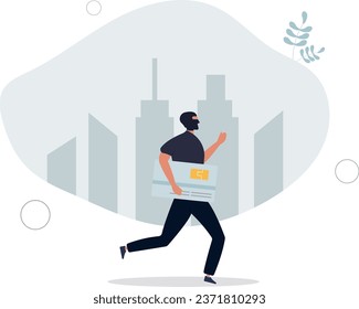 Credit card theft .man stealing personal data and identity in bank, criminal running down city.flat vector illustration.