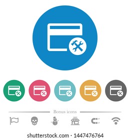 Credit card tools flat white icons on round color backgrounds. 6 bonus icons included.