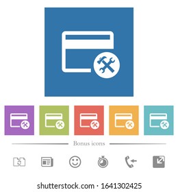 Credit card tools flat white icons in square backgrounds. 6 bonus icons included.
