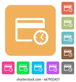 Credit card transaction history flat icons on rounded square vivid color backgrounds.