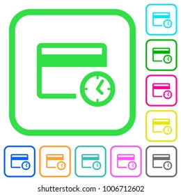 Credit card transaction history vivid colored flat icons in curved borders on white background