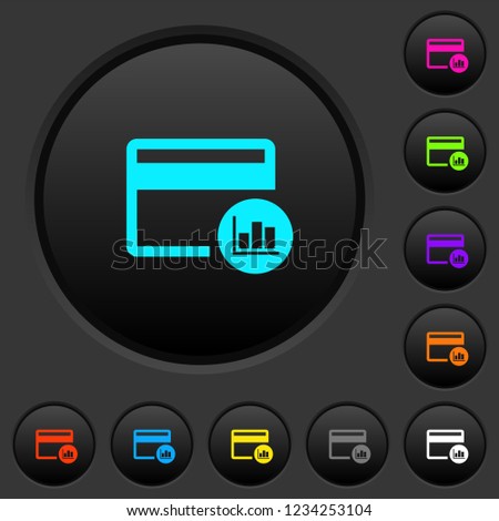 Credit card transaction reports dark push buttons with vivid color icons on dark grey background