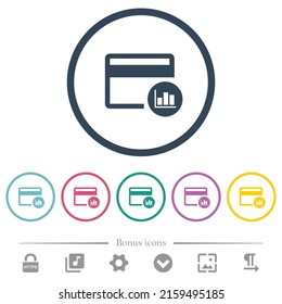 La transacción de tarjetas de crédito informa de iconos de color plano en contornos redondos. 6 iconos de bonificación incluidos.