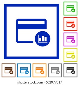 Credit card transaction reports flat color icons in square frames on white background