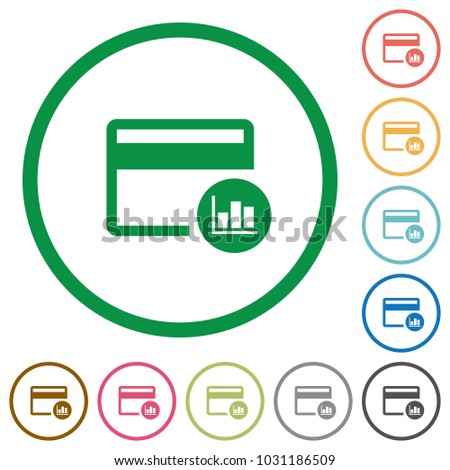 Credit card transaction reports flat color icons in round outlines on white background