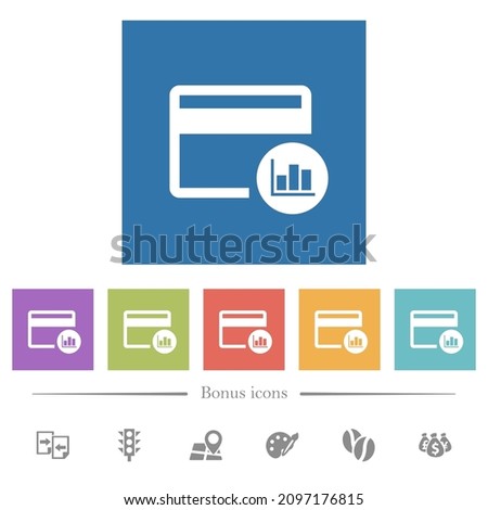 Credit card transaction reports flat white icons in square backgrounds. 6 bonus icons included.