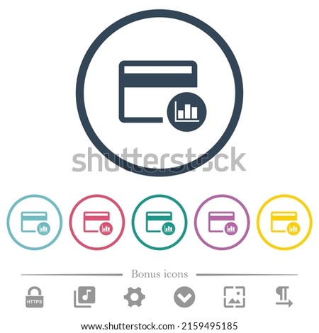 Credit card transaction reports flat color icons in round outlines. 6 bonus icons included.