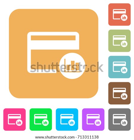 Credit card transaction reports flat icons on rounded square vivid color backgrounds.