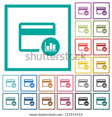 Credit card transaction reports flat color icons with quadrant frames on white background