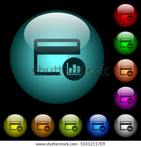 Credit card transaction reports icons in color illuminated spherical glass buttons on black background. Can be used to black or dark templates