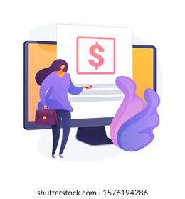 Credit card transactions. Payment conditions, purchase terms, online banking. Female buyer using e payment technology. Businesswoman returning money loan. Vector isolated concept metaphor illustration