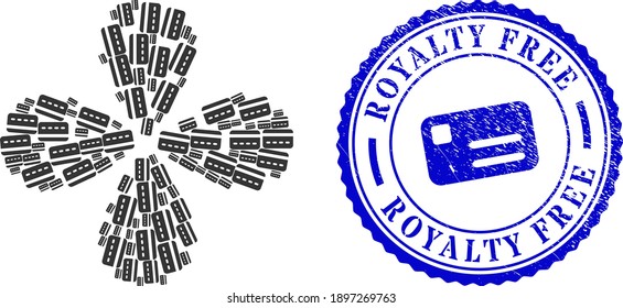 Credit card twirl burst, and blue round ROYALTY FREE unclean rubber print with icon inside. Object flower with 4 petals combined from oriented credit card symbols. Vector flower collage in flat style.