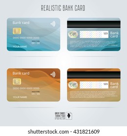 Credit card. Two sides. Colored wave backgrounds. Template vector illustration. Realistic detailed bank card with abstract blue and orange design